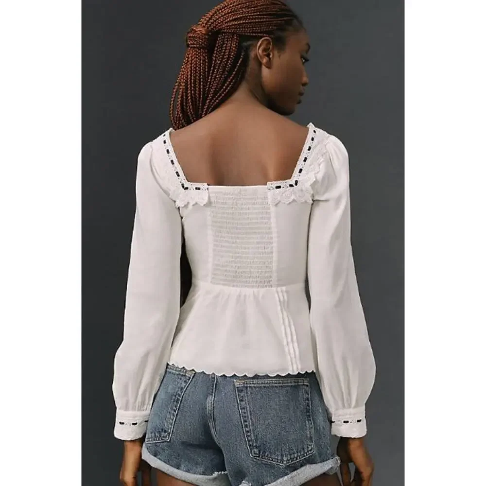 NEW Reformation Haisley Ribbon Accent Organic Cotton Peplum Top White Size 4